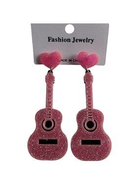 PINK Acrylic Guitar Pierced Bling Earrings